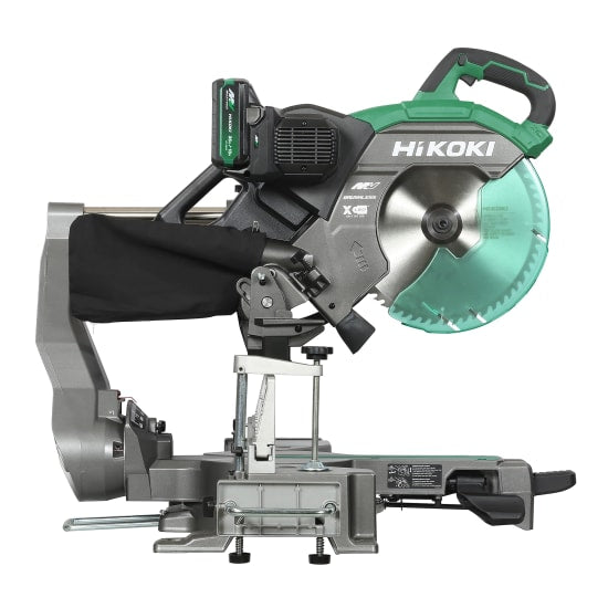 HiKOKI 36V Slide Compound Mitre Saw Kit featuring advanced Torque Boost Tech, XACT CUT LED, and adjustable bevel/mitre angles.