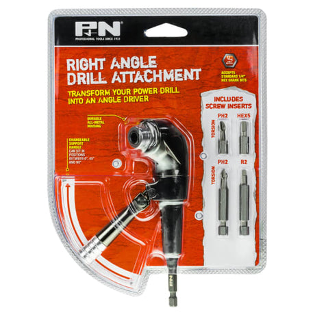 P&N Right Angle Drill Attachment for power drills, enabling 90° and 45° drilling in tight spaces with up to 500 in-lbs torque.