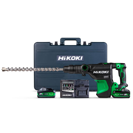 HIKOKI 36V 40mm SDS-MAX Rotary Hammer-Kit with brushless motor, dual mode, and included accessories for heavy-duty drilling.