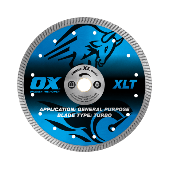 High-performance OX Trade XLT Turbo Diamond Blade 230mm (9") for cutting brick, concrete, slabs, and pavers efficiently.