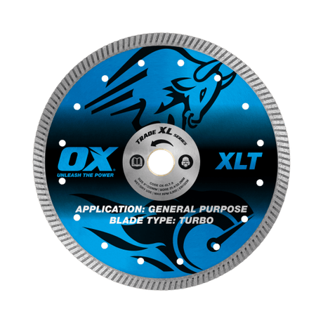 High-performance OX Trade XLT Turbo Diamond Blade 230mm (9") for cutting brick, concrete, slabs, and pavers efficiently.