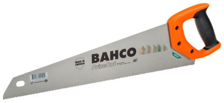 Bahco PrizeCut Universal Handsaw-550mm, featuring hardpoint teeth, ergonomic handle, and marking guide for precise woodcutting.