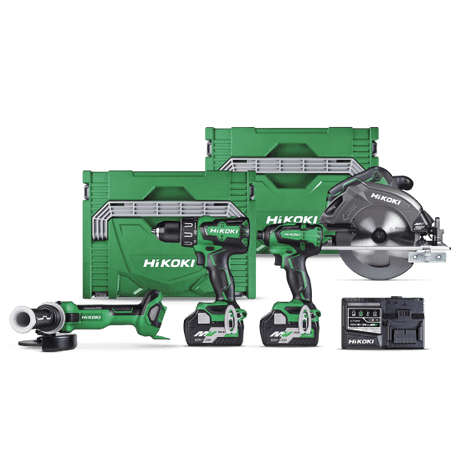 HiKOKI 36V & 18V Multi Volt 4 Piece Kit featuring a powerful impact drill, impact driver, angle grinder, and circular saw.