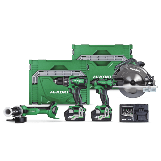 HiKOKI 36V & 18V Multi Volt 4 Piece Kit featuring a powerful impact drill, impact driver, angle grinder, and circular saw.