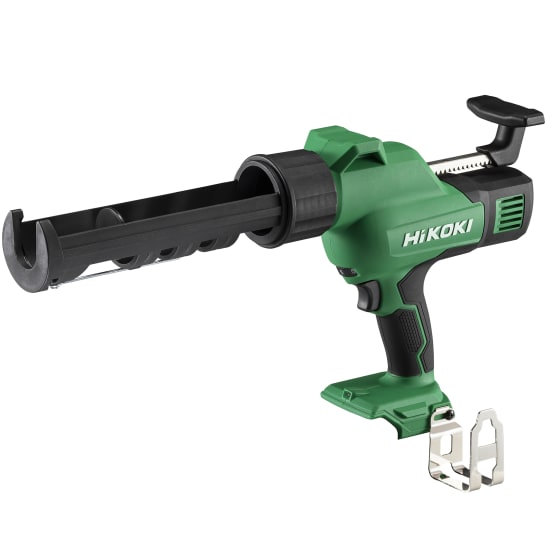 HiKOKI 18V caulking gun with 3000N force, 300ml capacity, LED light, auto-reverse, and anti-drip design, ideal for heavy-duty use.