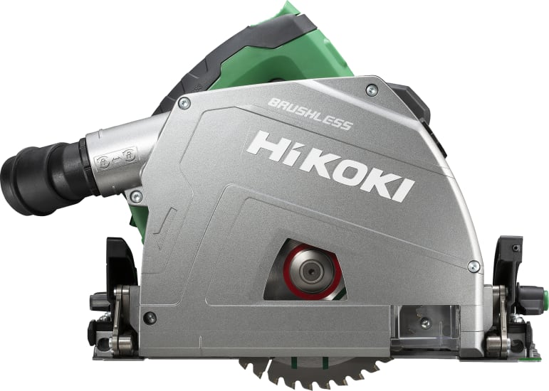 HiKOKI 36V plunge cut saw with 165mm blade, features brushless motor, deep cut depth, soft start, and variable speed control.