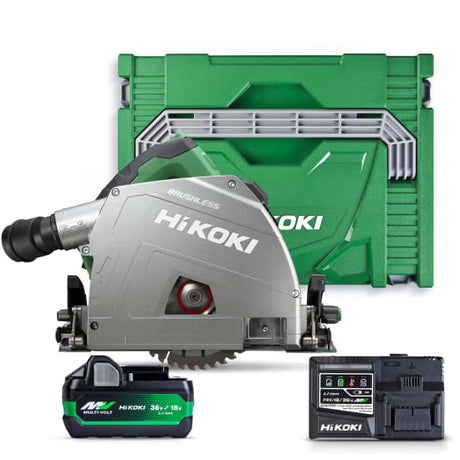 HiKOKI 36V plunge saw with brushless motor, 165mm blade, max 66mm cut depth, ideal for precise woodworking tasks.