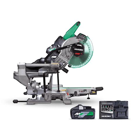 HiKOKI 36V 255mm Compound Mitre Saw-Kit with dual bevels, compact design, LED worklight, and rapid charging for efficient cutting.