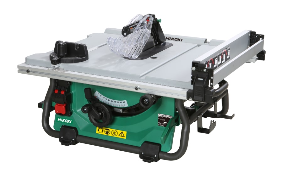 HiKOKI 36V worksite table saw with 254mm blade, featuring a large work surface and precise rack and pinion adjustments.