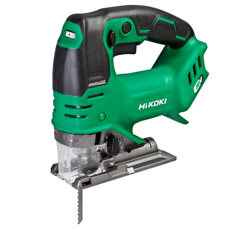 HiKOKI 36V jigsaw with brushless motor, tool-less blade change, variable speed, LED light, and 4-stage orbital action for precision cuts.