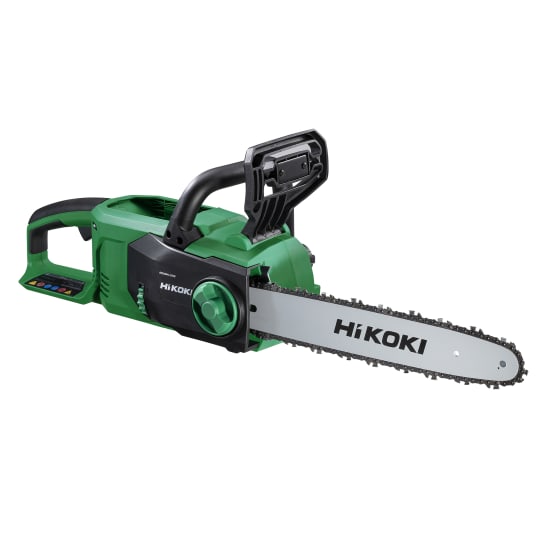 HiKOKI 36V chainsaw with 350mm bar, featuring a brushless motor for high-performance cutting and tool-less tension adjustments.