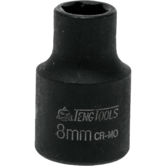 Teng 3/8in Dr. Impact Socket 8mm, chrome molybdenum, 6-point design, black phosphate finish for durability and easy identification.