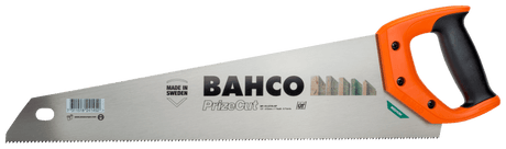 Bahco PrizeCut Universal Handsaw, 475mm, features hardpoint teeth, ergonomic handle, and dual-angle marking guide for precise wood cutting.