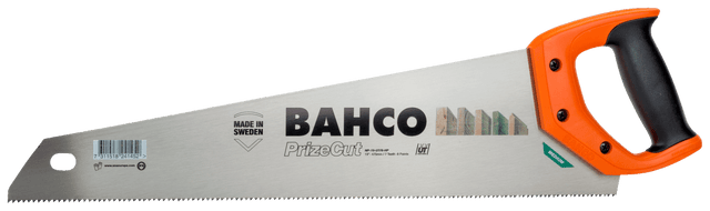 Bahco PrizeCut Universal Handsaw, 475mm, features hardpoint teeth, ergonomic handle, and dual-angle marking guide for precise wood cutting.