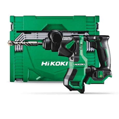 HiKOKI 18V Compact SDS+ Rotary Hammer with Auto-stop, bright LED, anti-vibration handle, for precise drilling in tight spaces.