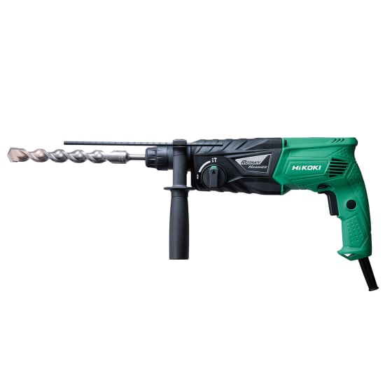 HiKOKI 730W SDS+ Rotary Hammer Drill with 2-mode operation, quick bit change, and low vibration for efficient drilling and demolition.