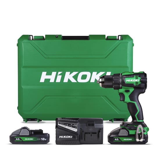 HiKOKI 18V Impact Drill DV18DE(GMZ)-Kit with brushless motor, 22-stage clutch, and LED light for versatile drilling tasks.