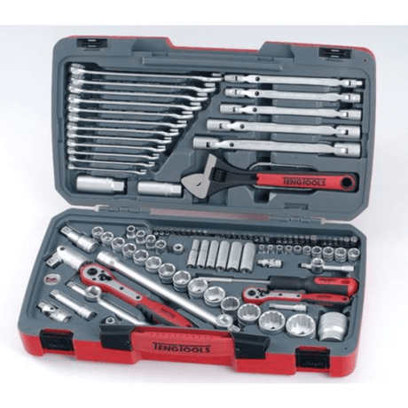 106-piece Teng Tools socket and tool set in chrome vanadium, featuring various drive sizes, spanners, and quick-release ratchets.