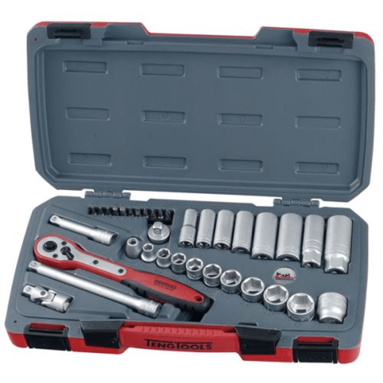 Teng 35pc socket set with durable 3/8" drive AF sockets, quick-release ratchet, and various bits for versatile fastening tasks.