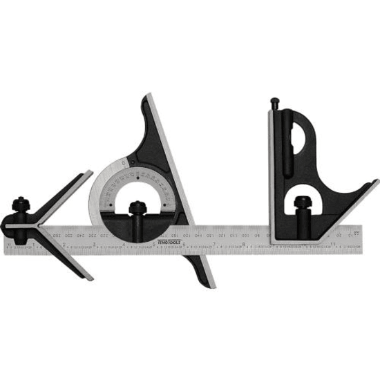 Teng Combination Square 300mm with steel rule, protractor, angle ledge, and spirit level for precise measurements.