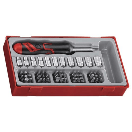 64-piece Teng MD Ratchet S/Driver Bits set with adjustable handle and organized tray for easy use in tight spaces.