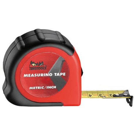 Yellow 5m/16ft measuring tape in durable case, featuring both metric and imperial units, ideal for precise indoor and outdoor measurements.