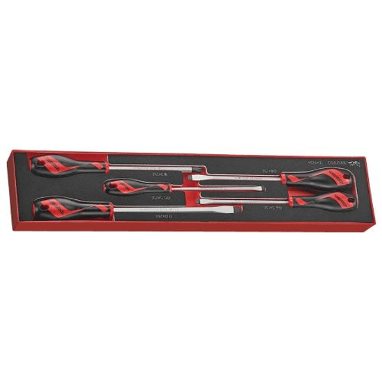 Five-piece Teng screwdriver set with ergonomic handles, made of TT-MV PLUS steel, stored in a TTX tray for easy organization.