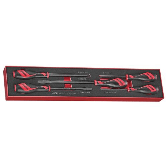 5-piece Teng Power Thru Screwdriver Set with chrome vanadium blades, ergonomic handles, and percussion cap for heavy-duty use.