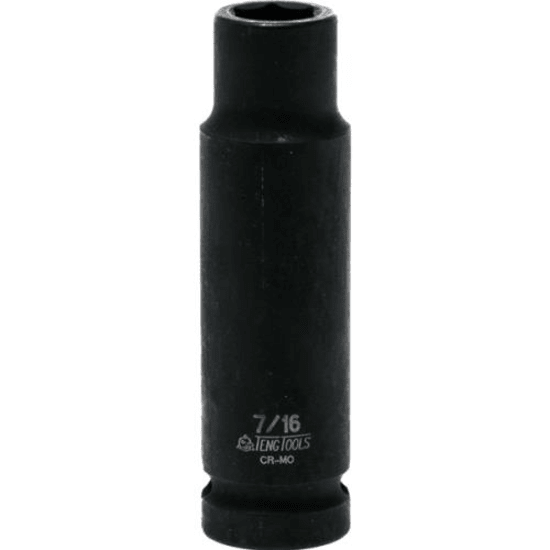 Teng 1/2in Dr. Deep Impact Socket 7/16in, chrome molybdenum, DIN standard, black phosphate finish, includes metal socket clip.