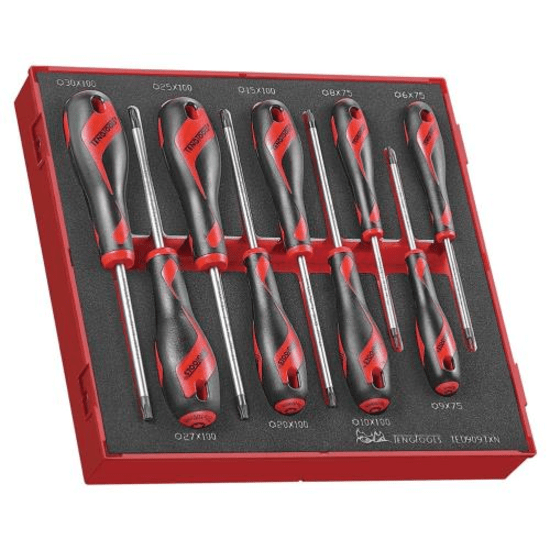 Ergonomic 9pc TX screwdriver set from Teng, featuring sizes TX6 to TX30 in a double width tray for easy organization.