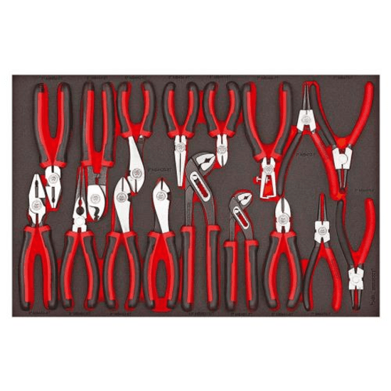 Teng 17pc plier set with TPR grip, organized in pre-cut EVA foam for easy access and storage in tool drawers.