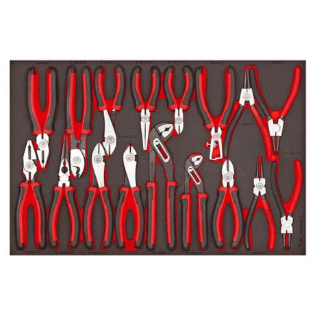 Teng 17pc plier set with TPR grip, organized in pre-cut EVA foam for easy access and storage in tool drawers.