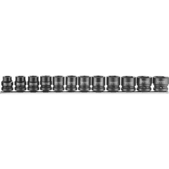 Teng 12pc Stubby Air Impact Socket Set, featuring 10-24mm sizes with durable chrome molybdenum and a black phosphate finish.