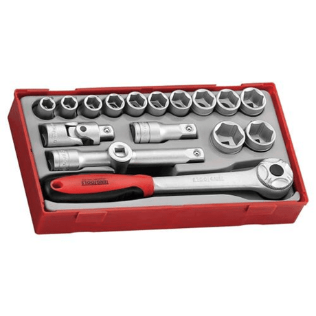 17-piece Teng Tools socket set featuring 10-24mm sizes, chrome vanadium finish, quick-release ratchet, and TC tray for organized storage.