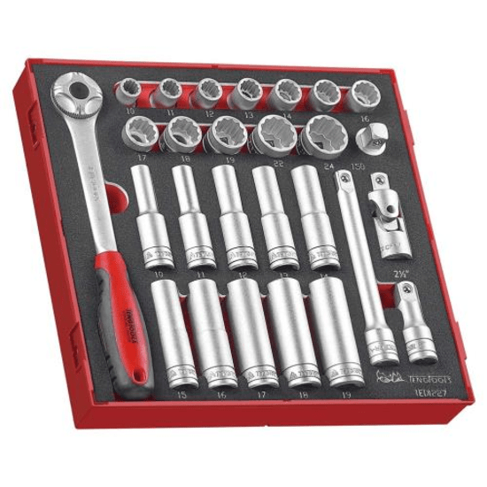 Teng 1/2" drive socket set with 27 pieces, includes quick release ratchet and organized TC tray for versatile use.