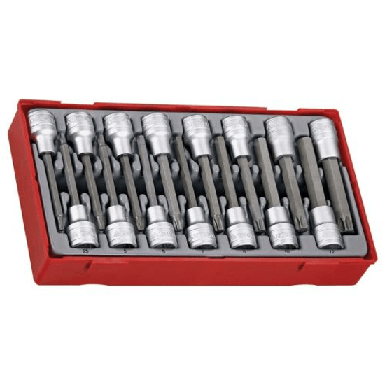 15-piece Teng 1/2" drive socket set with TX and metric hex bits, featuring 100mm length and chrome vanadium finish.