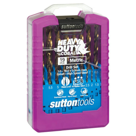Heavy-duty 19-piece Sutton Tools cobalt drill set designed for precise drilling in tough materials like steel and cast iron.