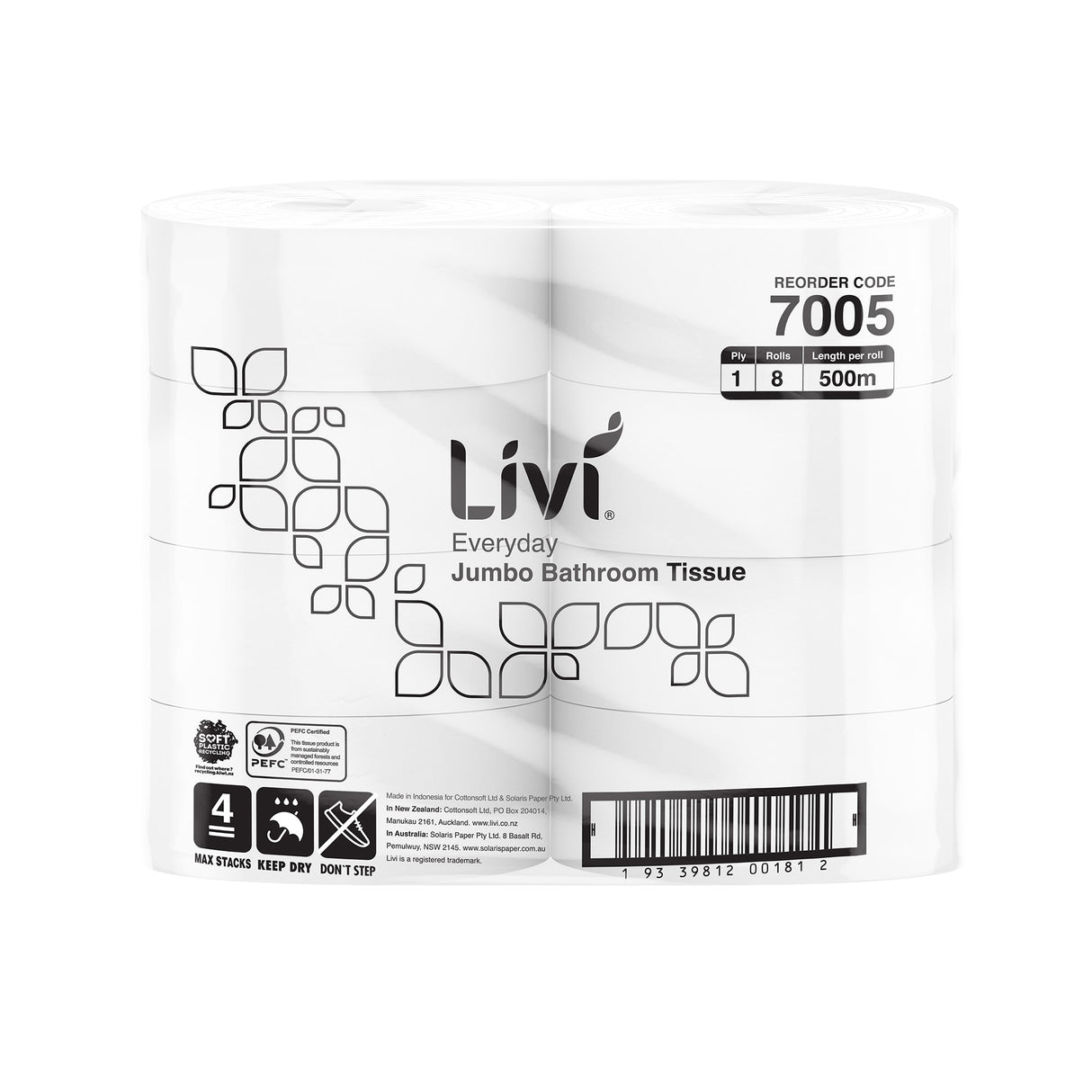 1 Ply Toilet Paper Jumbo Roll 500m (Carton of 8) - Livi Everyday
