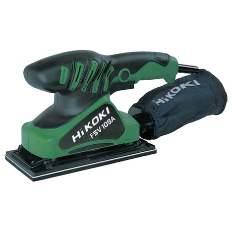 HiKOKI 180W corded orbital sander with 92mm pad, soft grip, dust bag, and low noise for smooth finishes on various surfaces.