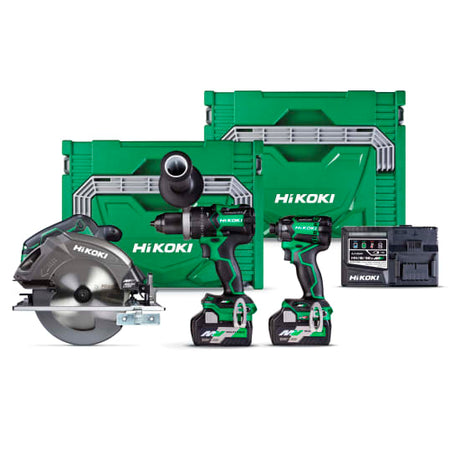 HiKOKI 36V Premium 3 Piece KC363DC(GRZ)-Kit featuring a powerful impact driver and circular saw with durable batteries and charger.