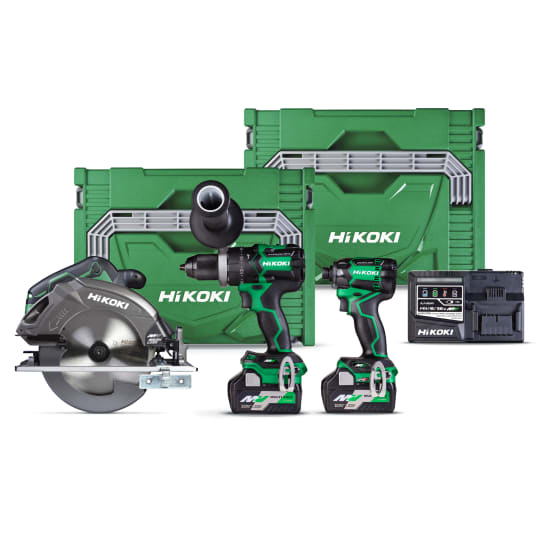 HiKOKI 36V Premium 3 Piece KC363DC(GRZ)-Kit featuring a powerful impact driver and circular saw with durable batteries and charger.