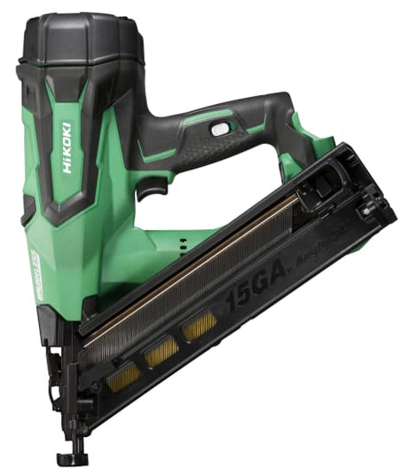 HiKOKI 18V Gasless Angled Brad Nailer with brushless motor, tool-less depth adjustment, and safety lockout feature.