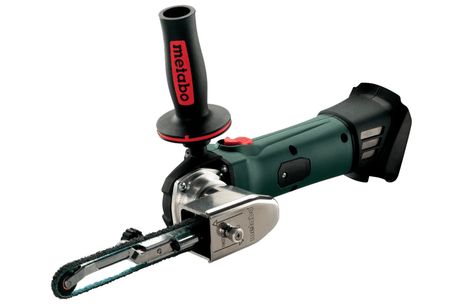 Compact Metabo 18V band file for precise grinding and deburring, featuring a swiveling attachment and tool-free belt changes.