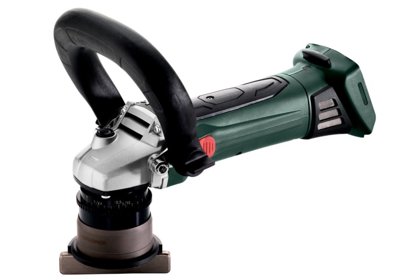 Metabo 18V Metal Bevelling Tool, cordless, for 45° chamfers, features tool-free depth adjustment and dust protection for precision metalwork.