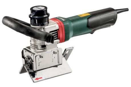 Metabo 1500W Corded Bevelling Tool with adjustable depths, safety features, and universal milling head for precise metal chamfering.