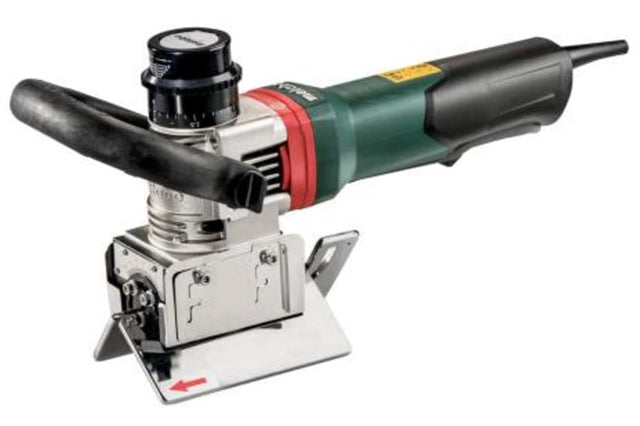 Metabo 1500W Corded Bevelling Tool with adjustable depths, safety features, and universal milling head for precise metal chamfering.