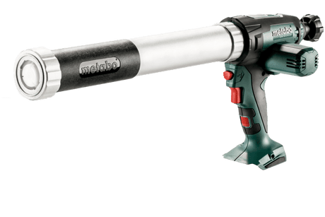 Metabo 18V caulking gun with high discharge force, adjustable speed, and no-drip technology for precise application.