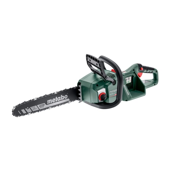 Metabo 36V Cordless Chainsaw features a brushless motor, 22 m/s chain speed, low kickback design, and safety Fast Break feature.