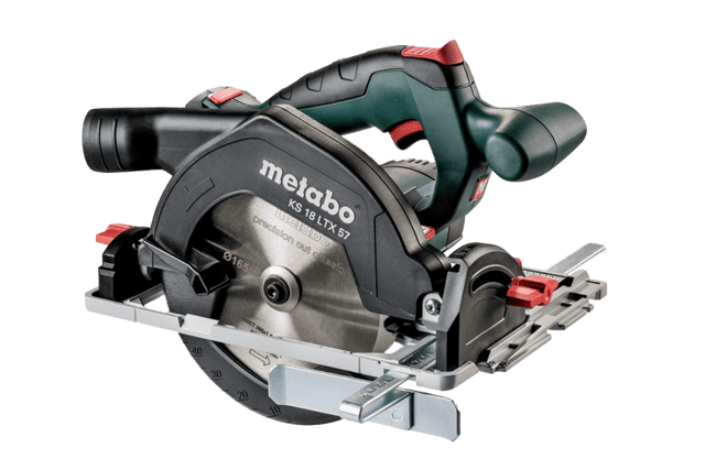 Metabo 18V circular saw with 165mm blade, 57mm cutting depth, fast brake, and 50-degree bevel for versatile woodworking.