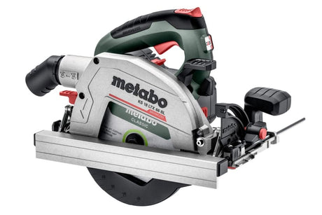 Metabo 18V circular saw with 165mm blade, brushless motor, LED light, adjustable base for precise cuts on various materials.